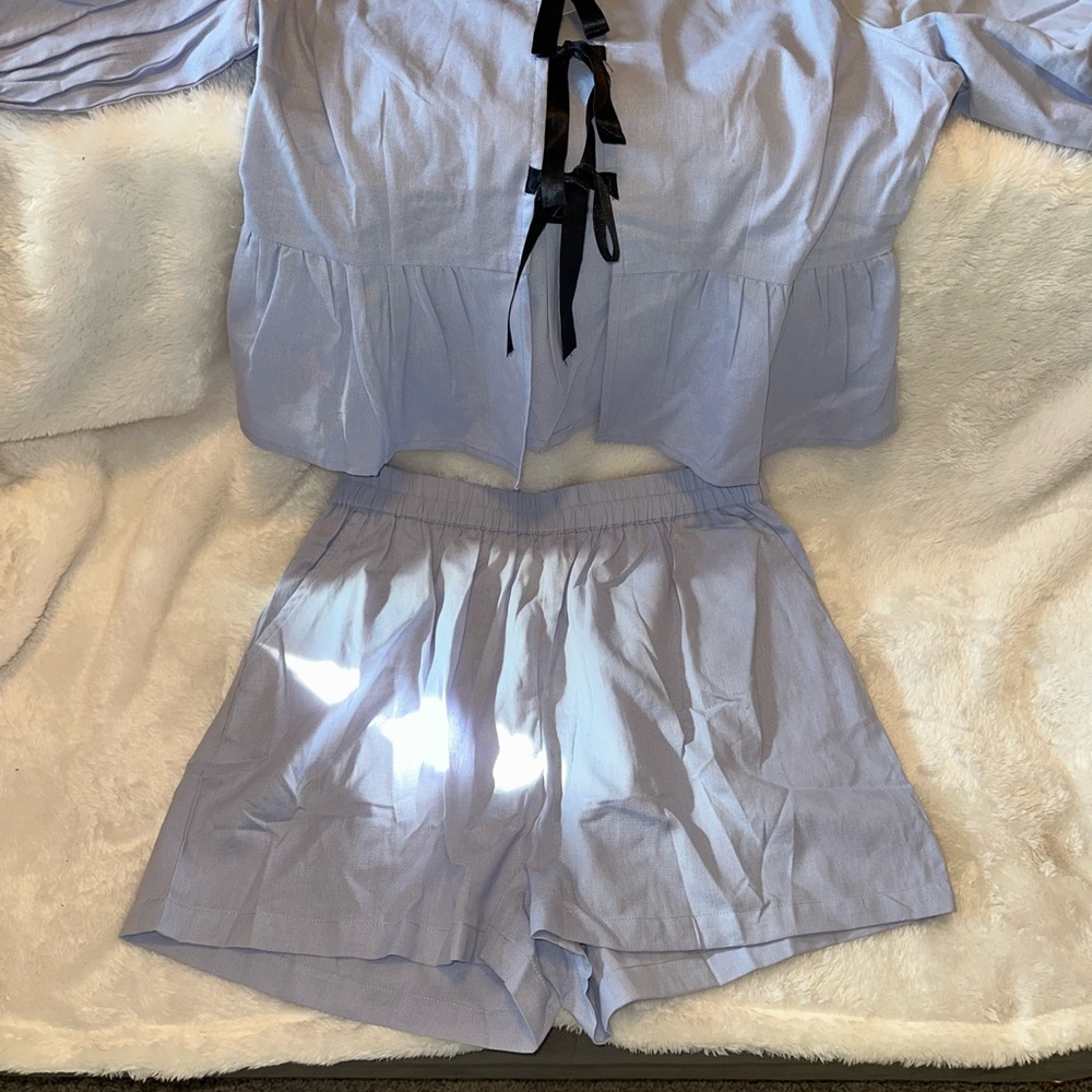 Light Blue Two-Piece Set with Black Ribbon tie front 🔥